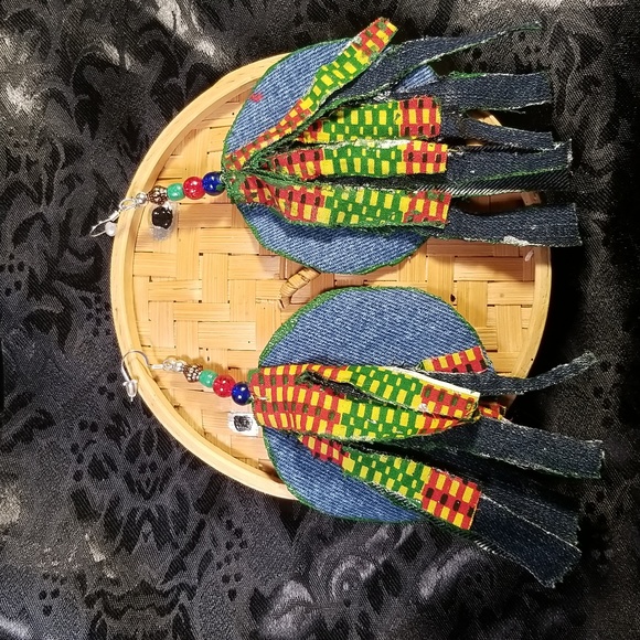 Jazzy Blue Jean fabric kente cloth print African fabric Fringes earrings - Picture 5 of 9